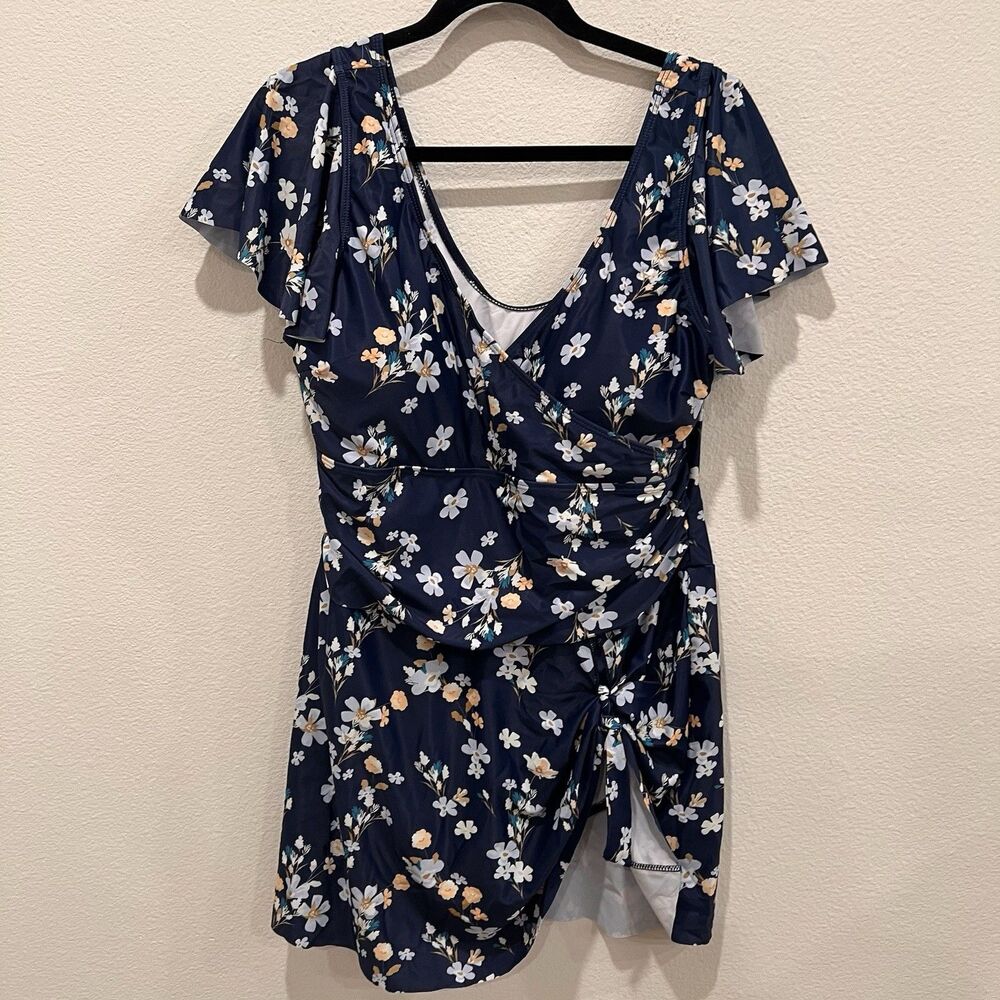 One Piece Swimdress Tummy Control Ruffle Swimsuit for Womens Tie Knot 2XL
